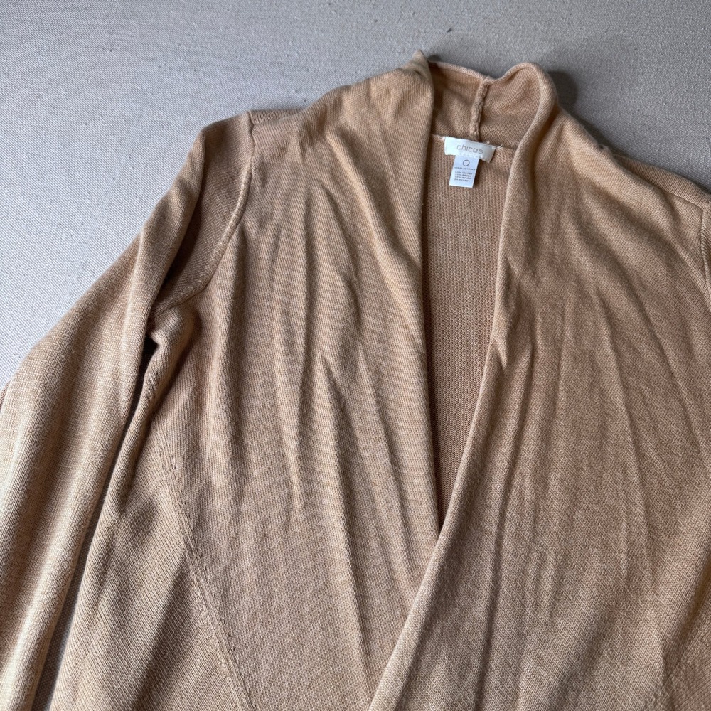 Chicos Open Front Cardigan Tan Waterfall Draped Knit Sweater Size 0 Small